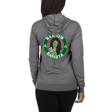 Load image into Gallery viewer, Barium Barista Black Hair/Tan Unisex zip hoodie